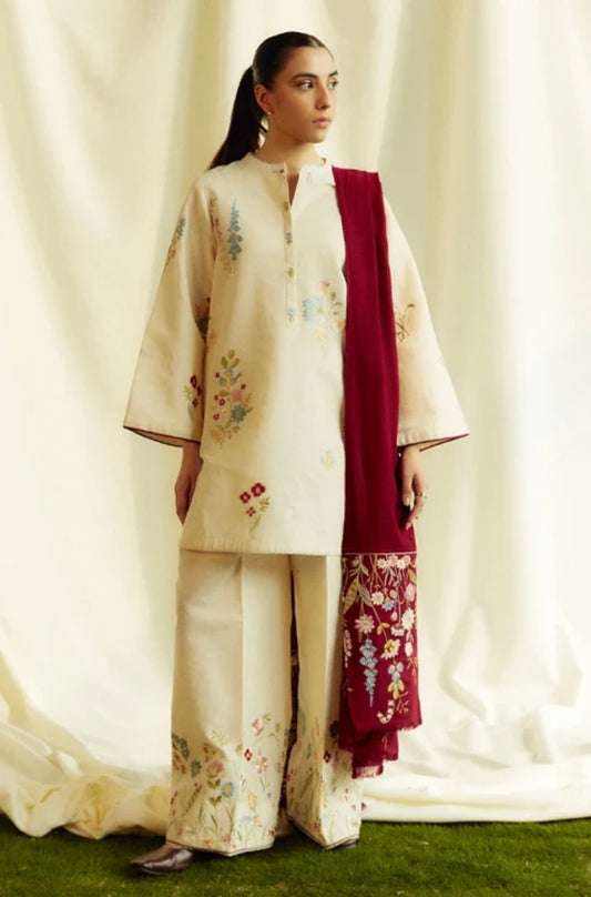 Zara Shah Jahan - 3PC Unstitched Dhanak Embroidered Shirt with Dhanak Embroidered Shawl and Embroidered Trouser- ES1049