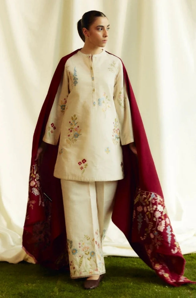 Zara Shah Jahan - 3PC Unstitched Dhanak Embroidered Shirt with Dhanak Embroidered Shawl and Embroidered Trouser- ES1049