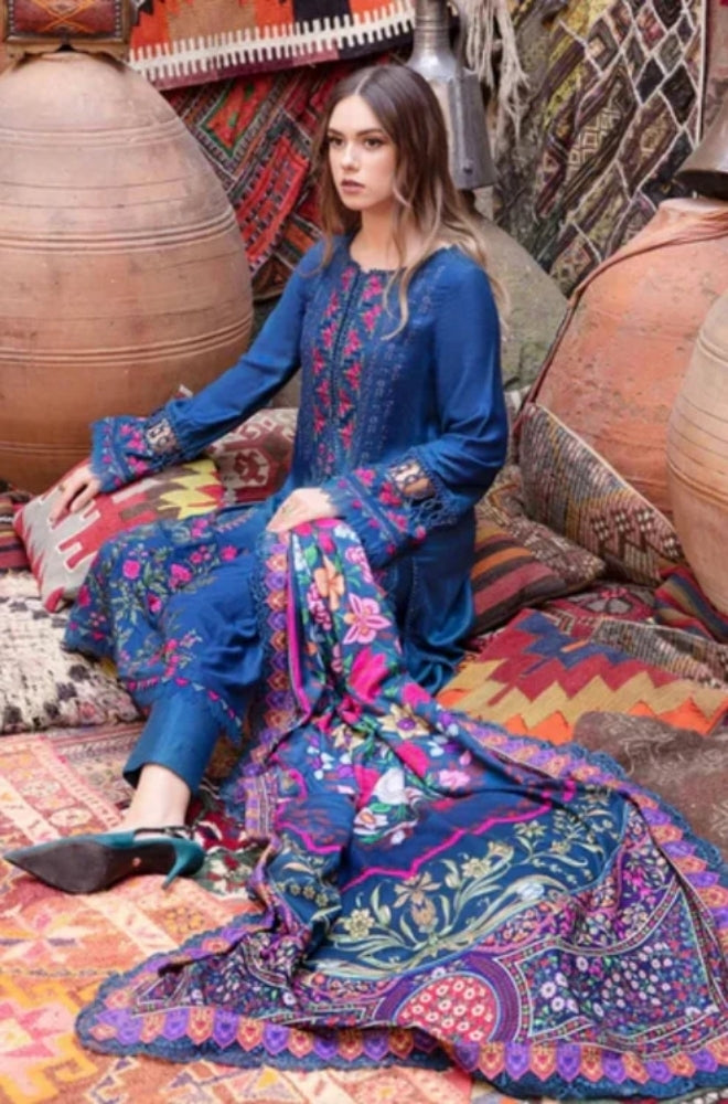 Maria B - 3PC Unstitched Dhanak Embroidered Shirt with Printed  Shawl and Trouser - ES1100