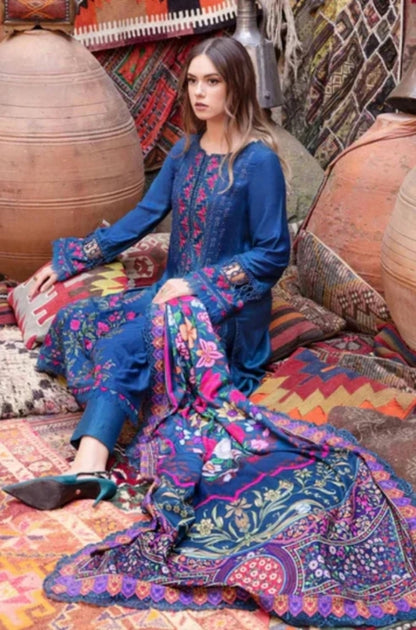 Maria B - 3PC Unstitched Dhanak Embroidered Shirt with Printed  Shawl and Trouser - ES1100