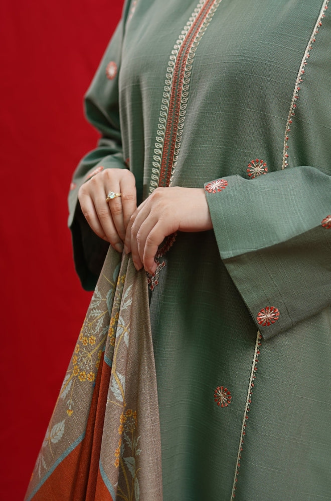URGE - 3PC Unstitched Dhanak Embroidered Shirt with Digital Printed Shawl and Embroidered Trouser- ES1207