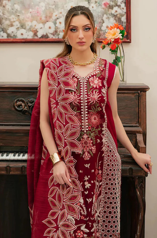 MAHNUR - 3PC Unstitched Lawn Embroidered Shirt with Embroidered Khadi Net Dupatta - ES 2160