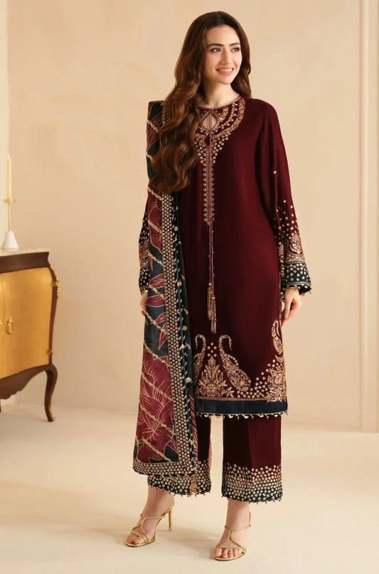 Jazmin - Front Full Embroidered On Velvet And Organza Printed Embroidered Dupatta - ES 2001