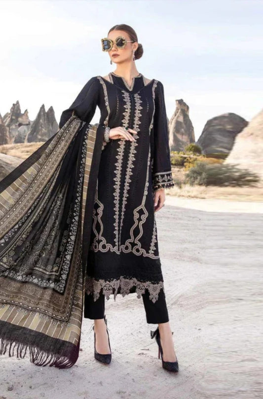 Maria B - 3PC Unstitched Dhanak Embroidered Shirt with Printed Shawl and Trouser - ES1097