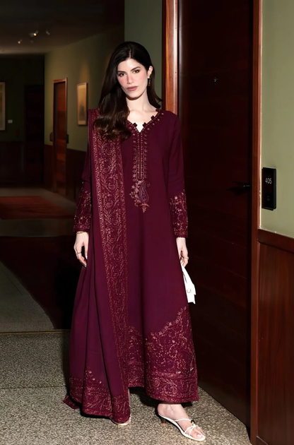 Zaib - 3PC Unstitched Dhanak Embroidered Shirt with Dhanak Embroidered shawl and Trouser -ES 8013