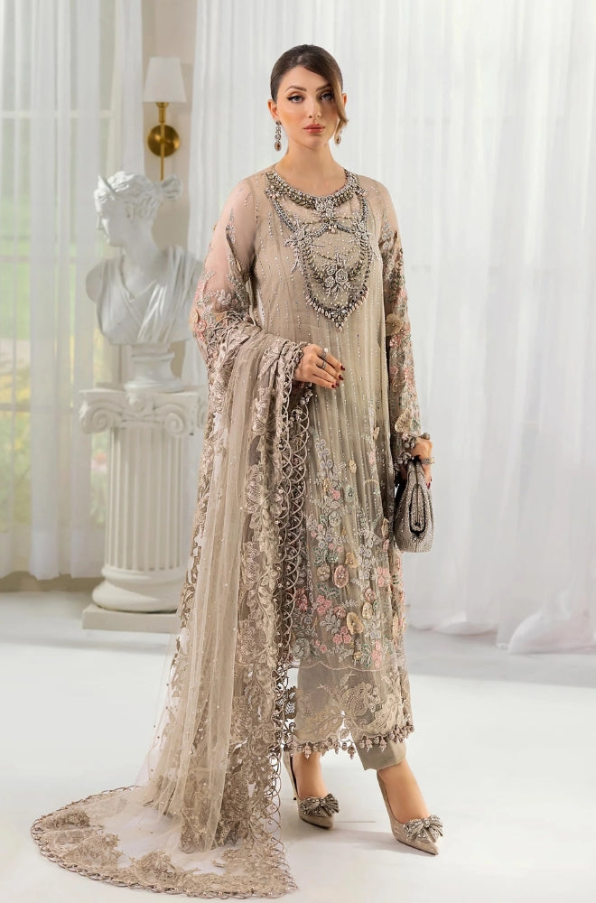 MARIA B - Fully Heavy Embroidered Spangle Work Front With Fancy Tusles Attach Chiffon Fully Spray Diamond Work Dupatta - ES 2027