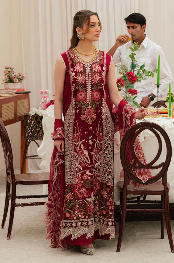 MAHNUR - 3PC Unstitched Lawn Embroidered Shirt with Embroidered Khadi Net Dupatta - ES 2160