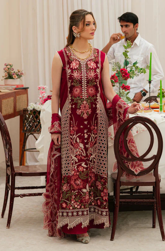 MAHNUR - 3PC Unstitched Lawn Embroidered Shirt with Embroidered Khadi Net Dupatta - ES 2160