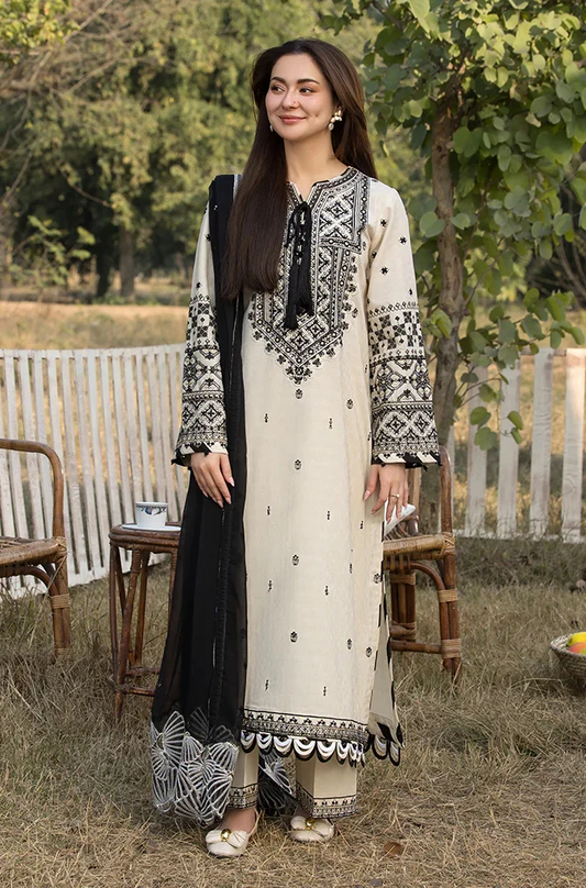 Allys - 3PC Lawn Embroidered Shirt with Embroidered Chiffon Dupatta (Unstitched)-ES1402