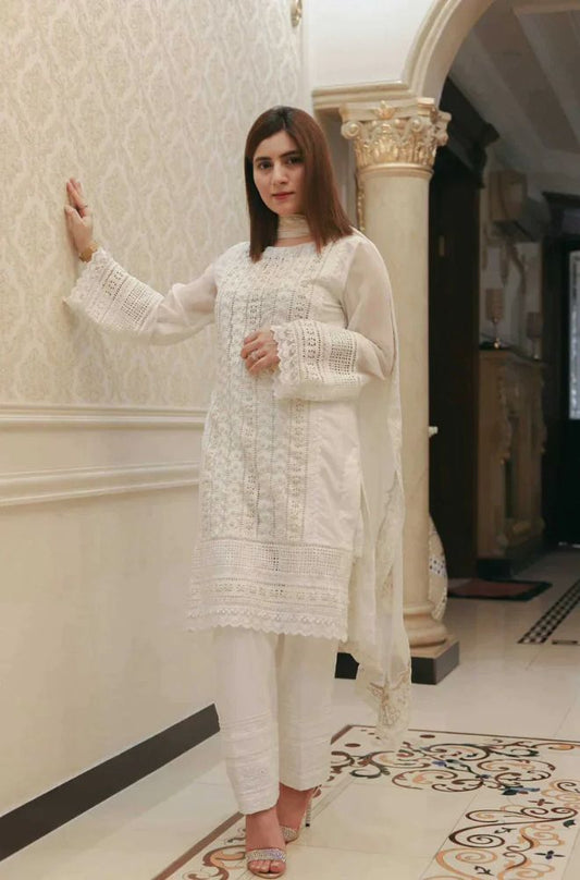 Nisa - 3PC Lawn Chicken Kari Embroidered Shirt with Self Embroidered Dupatta and Lawn Trousers - ES1095