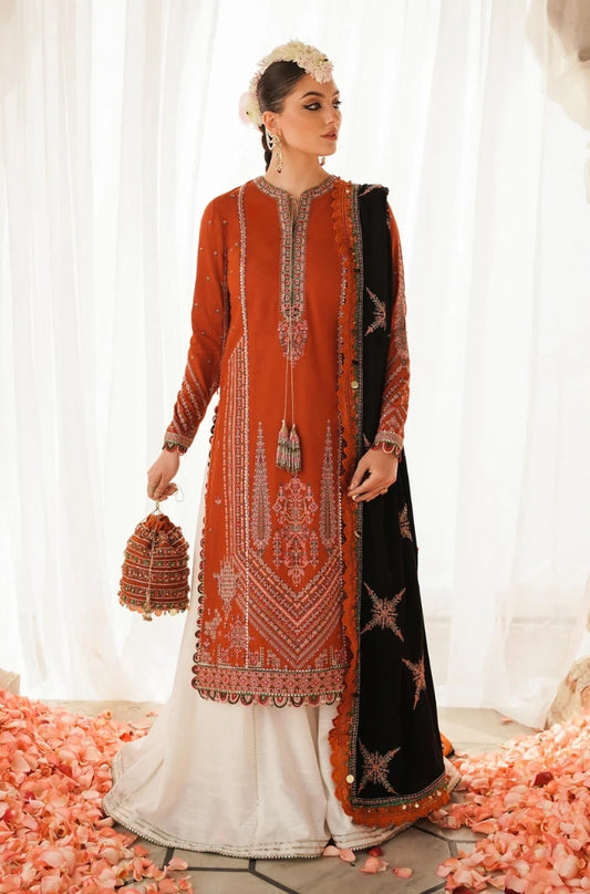 Hussain Rehar - 3PC Unstitched Dhanak Embroidered Shirt with Heavy Embroidered Shawl With 4 Side Embroidered Lace - ES 1799