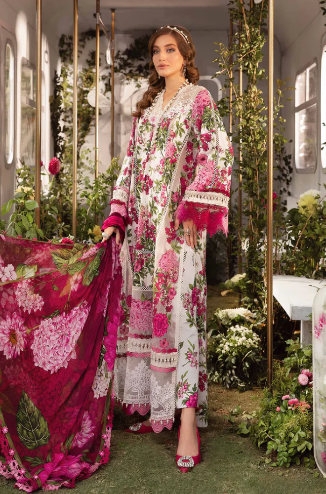 Maria b Printed Patch Emb Lawn 3 Piece Unstitched Suit -ES1314