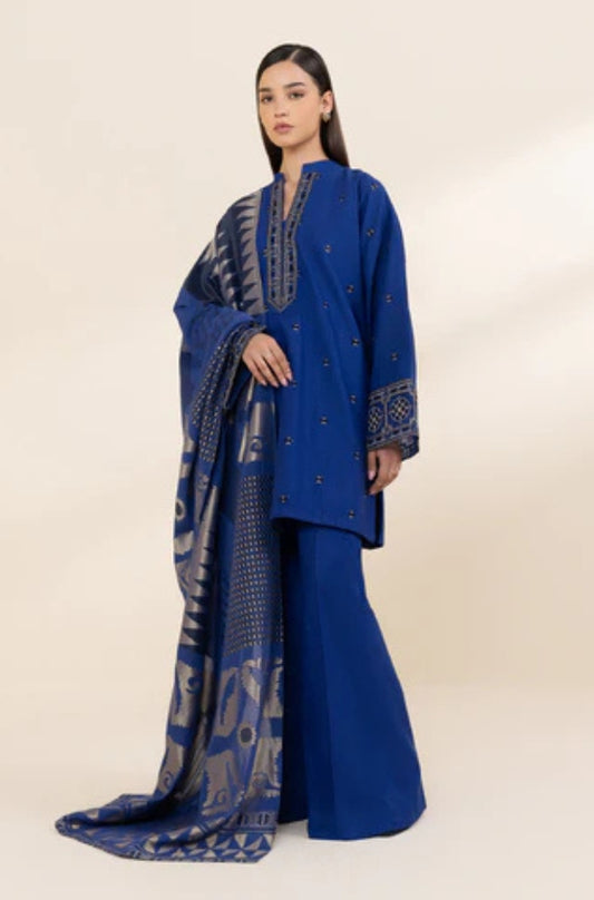 Sapphire - 3PC Unstitched Khaddar Embroidered Front with Digital Printed Shawl and Trouser - ES1218
