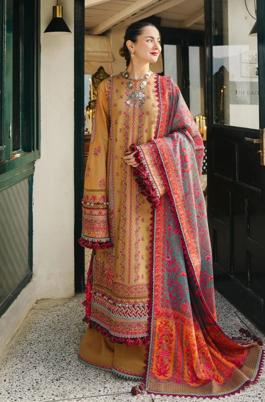 Hussain Rehar - 3PC Unstitched Dhanak Embroidered Shirt Printed Shawl With 4 Sided Embroidered Lace - ES 1813