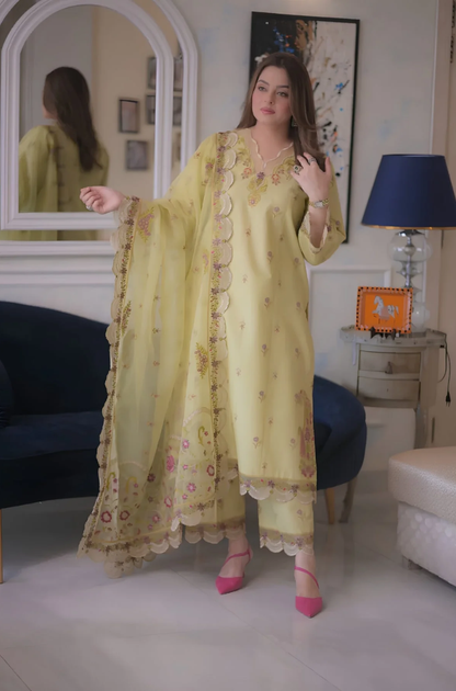 Aneelas - 3PC Unstitched Lawn Embroidered Shirt with Cotton Net Embroidered Dupatta and Trouser -ES3007