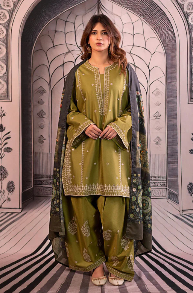 Urge- 3PC Unstitched Dhanak Embroidered Shirt with Digital Printed shawl and Embroidered Trouser- ES 1707