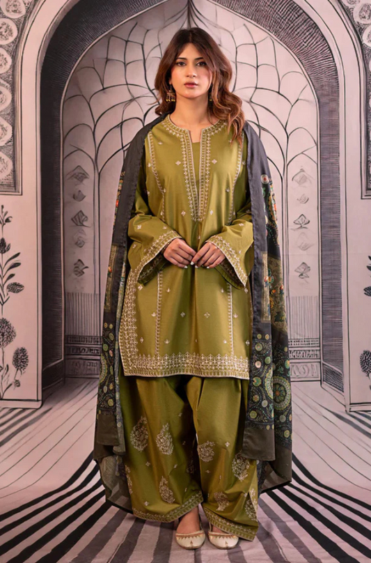 Urge- 3PC Unstitched Dhanak Embroidered Shirt with Digital Printed shawl and Embroidered Trouser- ES 1707