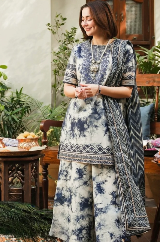 Maria B-3PC Lawn Printed Shirt with Embroided Patches and Printed Dubatta and Trousers-ES1601