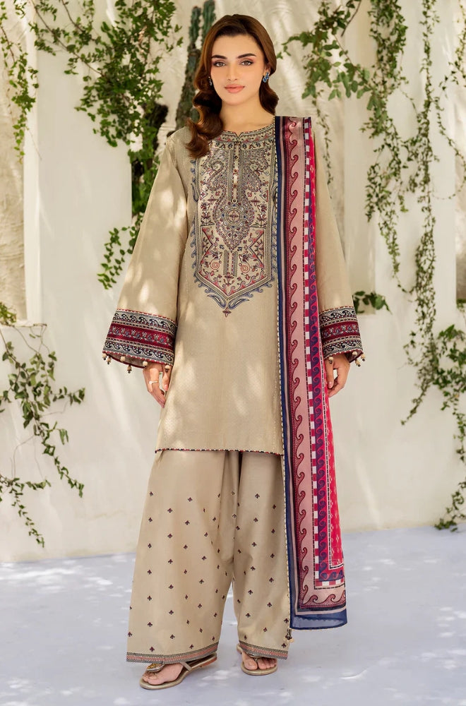 Jazmin - 3PC Unstitched Dhanak Embroidered Shirt with Digital Printed kotrai Shawl - ES 1812