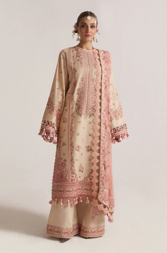 Hussain Rehar - 3PC Unstitched Dhanak Embroidered Shirt with Digital Printed shawl and Embroidered Trouser- ES 1709