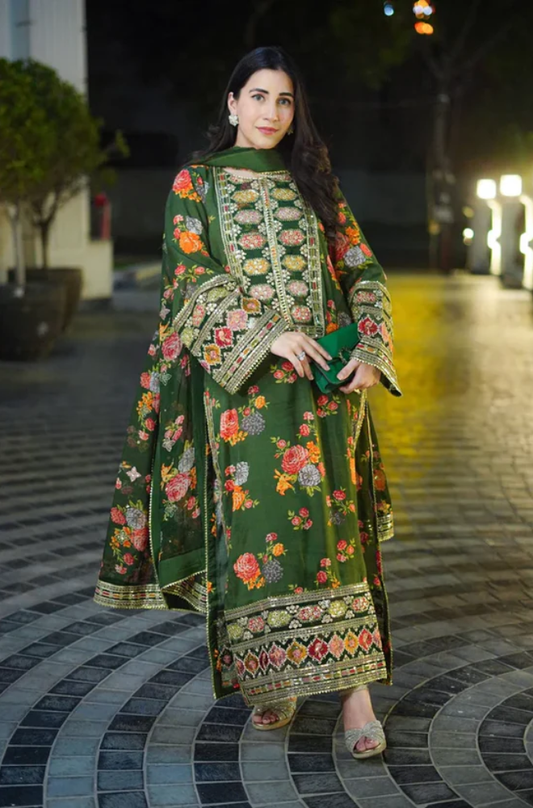 Aneela's - 3PC Unstitched Shamoz Silk Shirt With Digital Printed Silk Dupatta and Printed Shamoz Trouser - ES 1818