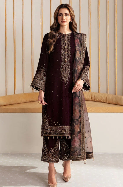 Jazmin - Front Full Embroidered On Velvet And Organza Printed Embroidered Dupatta - ES 2004