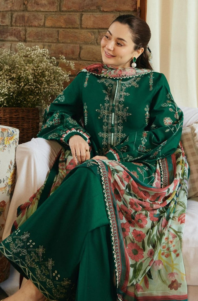 Zara Shah Jahan - 3PC Unstitched Dhanak Embroidered Shirt with embroided back and Printed Shawl and Trouser-ES1209