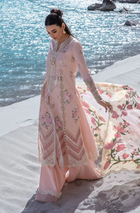 Crimson - 3PC Unstitched Linen Embroidered Boring Front with Printed  Shawl and Trouser-ES0004