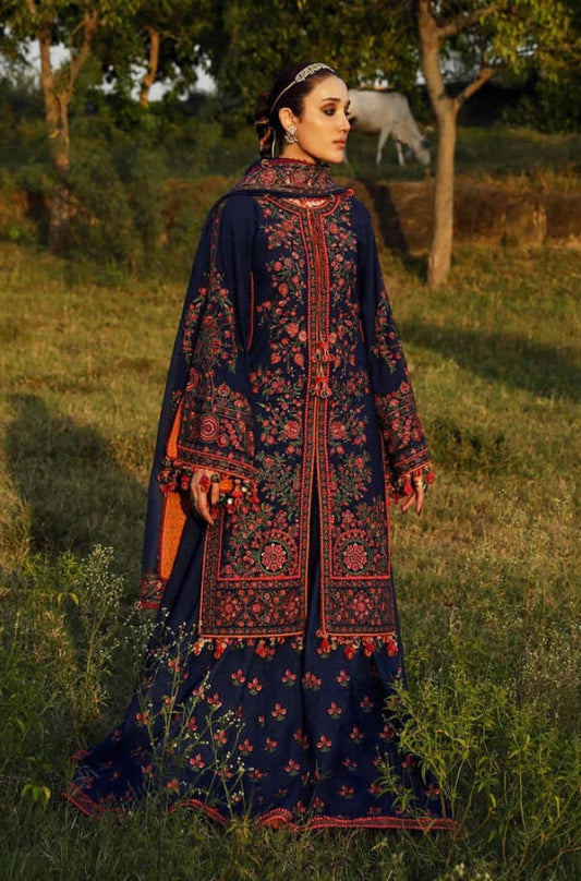 Hussain Rehar - 3PC Fully Embroidered Front With Dhanak Embroidered Shawl With 4 Side Embroidered Lace - ES 1802