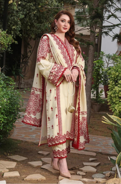 Aneela's - 3PC Unstitched Dhanak Embroidered Shirt With Dhanak Embroidered Shawl and Trouser - ES 1817