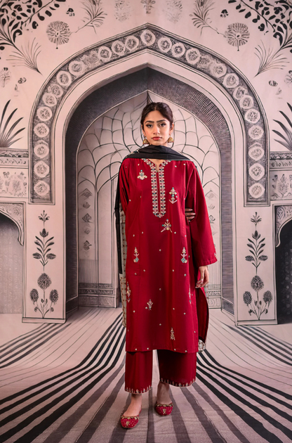 Urge- 3PC Unstitched Dhanak Embroidered Shirt with Digital Printed shawl and Embroidered Trouser- ES 1708