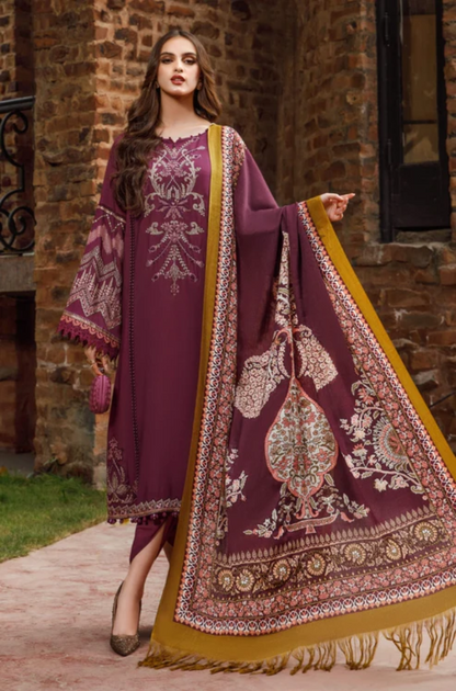 Maria B - 3PC Unstitched Dhanak Embroidered Shirt with Printed  Shawl and Trouser-ES002