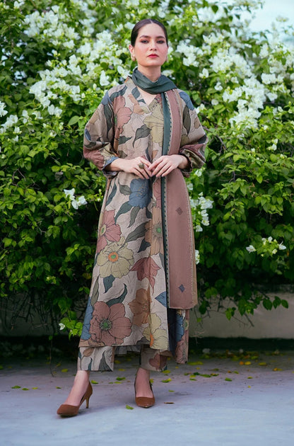 Baroque - 3PC Unstitched Printed Karandi Shirt with Printed Karandi Dupatta and Same Printed Trouser - ES1222