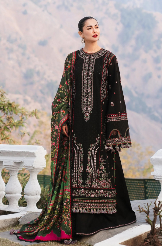 Hussain Rehar - 3PC Unstitched Dhanak Embroidered Shirt with Digital Printed shawl and Embroidered Trouser- ES 1710
