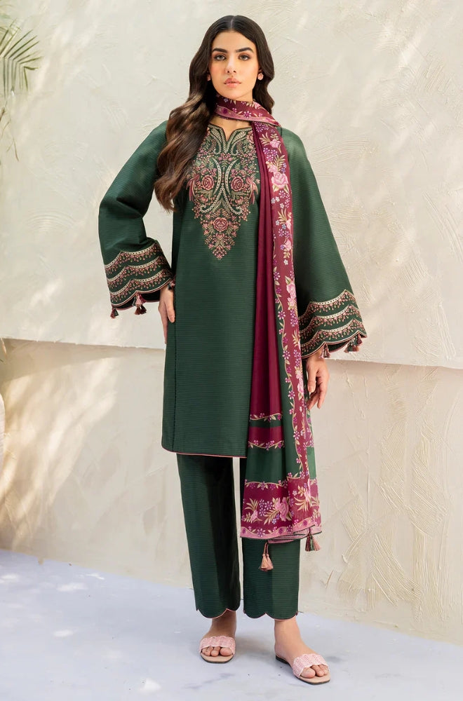 Jazmin - 3PC Unstitched Dhanak Embroidered Shirt with Digital Printed coterie Shawl - ES 1805