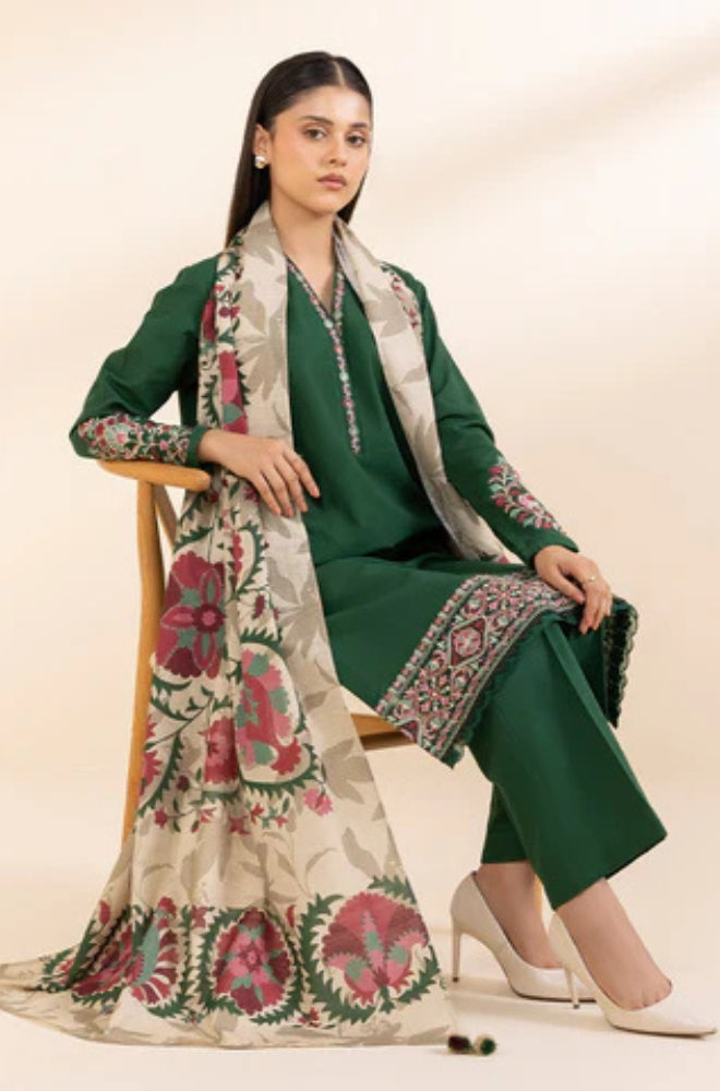 Sapphire - 3PC Unstitched Khaddar Embroidered Front with Digital Printed Shawl and Plain Trouser - ES1213