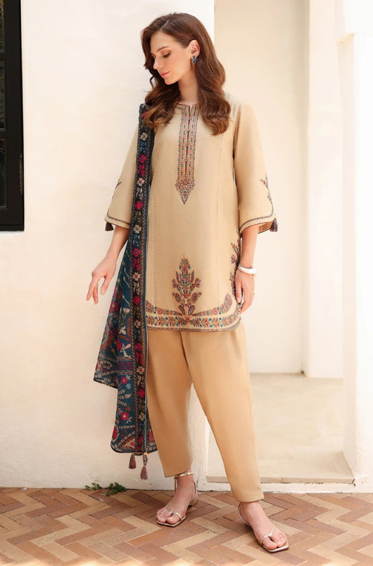 Jazmin - 3PC Unstitched Dhanak Embroidered Shirt with coterie Shawl  - ES 1806