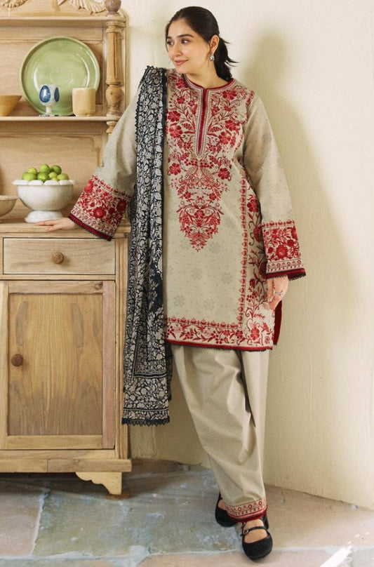 Zara Shah Jahan - 3PC Unstitched Lawn Embroidered Shirt with Digital Printed Silk Dupatta and Embroidered Trousers - ES1016