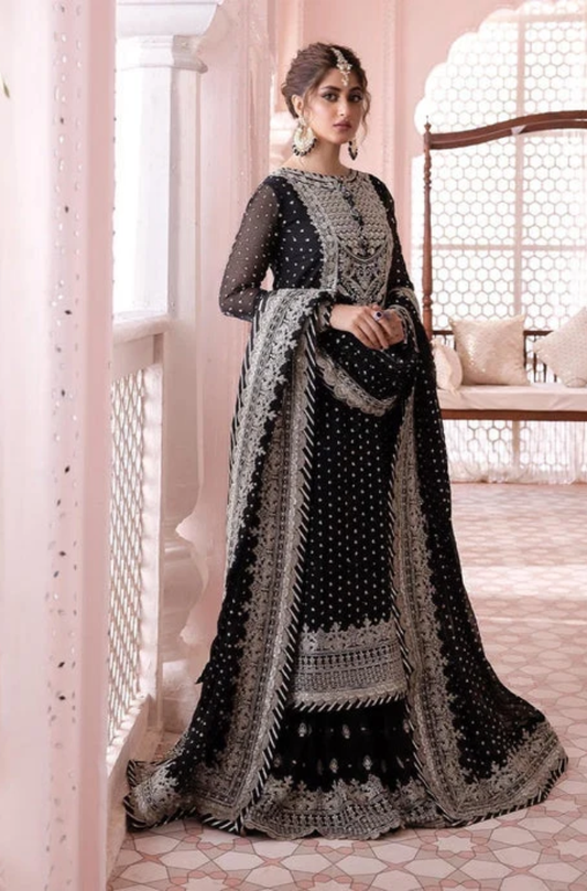 Asim Jofa-3PC Unstitched chifoon Embroidered Shirt Embroidered Dupatta and embroidered gharara- ES 3009