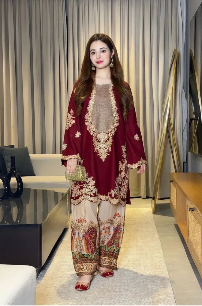 Ethnic-SILK 2 Piece Emroidered Shirt With Printed trousers-ES 8010
