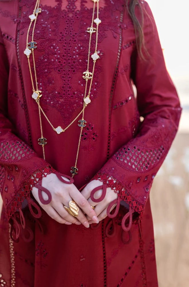 Qalamkaar - 3PC Unstitched Lawn Embroidered Chicken Kari Shirt with Embroidered Organza Dupatta  - ES1086