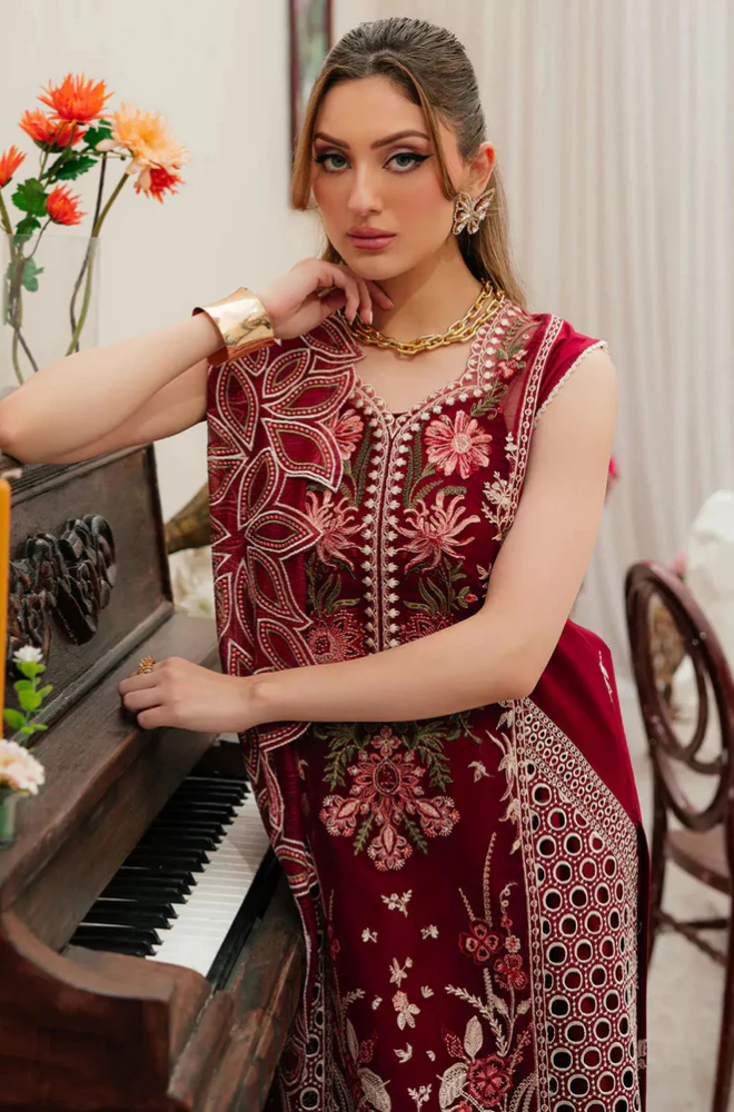 MAHNUR - 3PC Unstitched Lawn Embroidered Shirt with Embroidered Khadi Net Dupatta - ES 2160