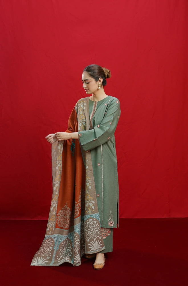 URGE - 3PC Unstitched Dhanak Embroidered Shirt with Digital Printed Shawl and Embroidered Trouser- ES1207