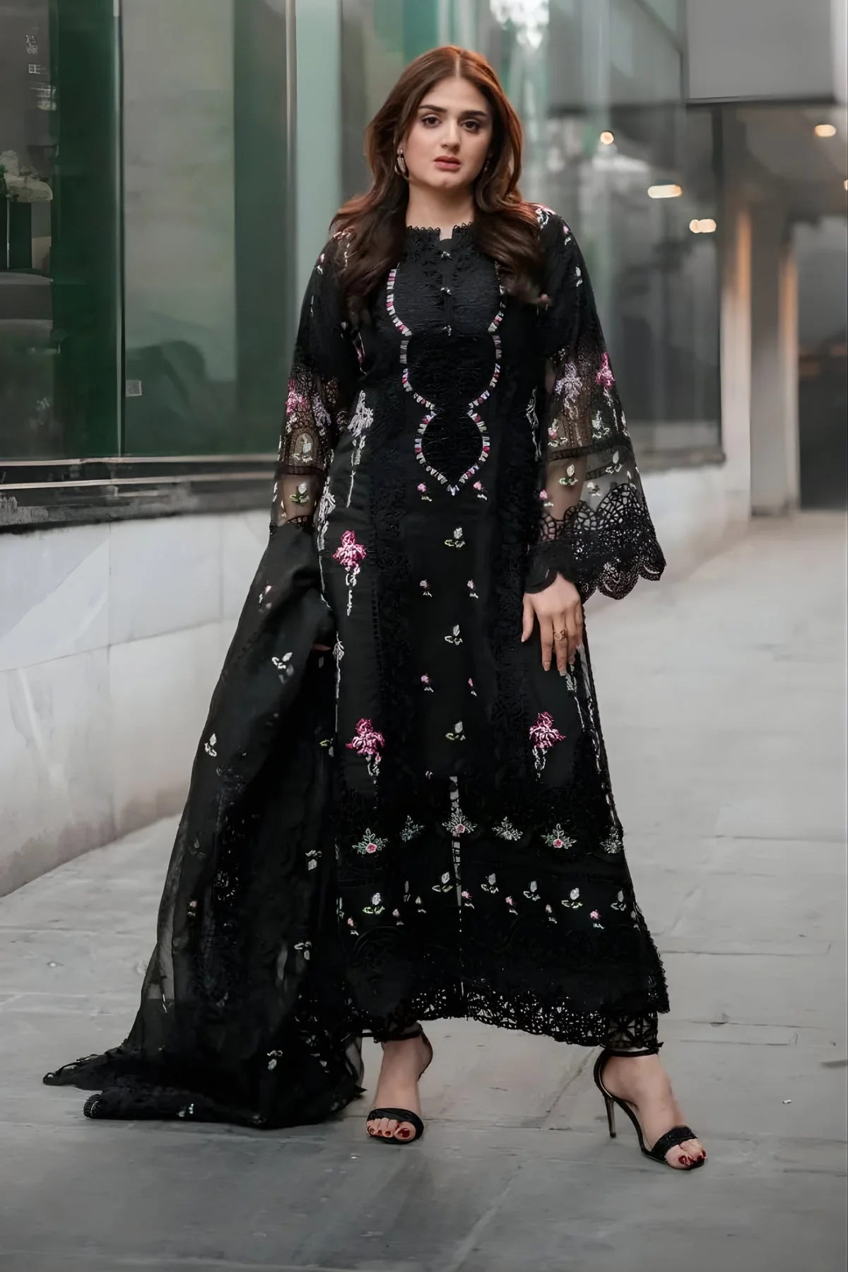 Aneelas - 3PC Unstitched Lawn Embroidered Chicken Kari Shirt with Embroidered Khaddi Net Dupatta - ES 2236