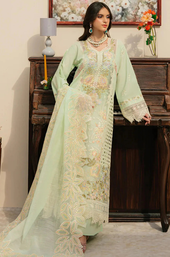 MAHNUR - 3PC Unstitch Lawn Embroidered Shirt with Embroidered Khadi Net Dupatta - ES 2157