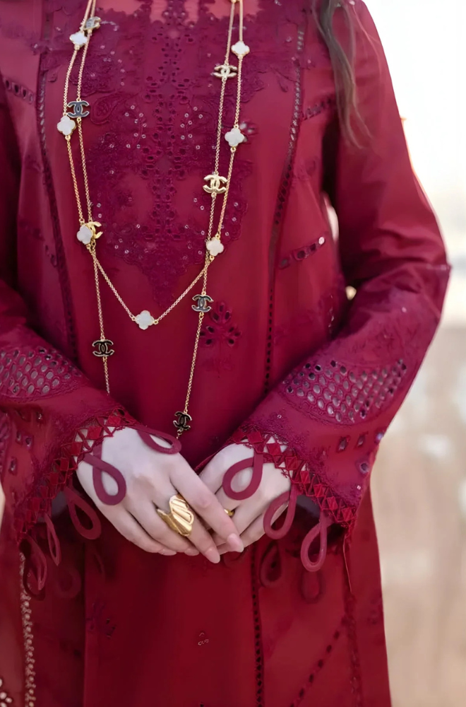 Qalamkaar - 3PC Unstitched Lawn Embroidered Chicken Kari Shirt with Embroidered Organza Dupatta - ES 1086