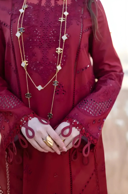 Qalamkaar - 3PC Unstitched Lawn Embroidered Chicken Kari Shirt with Embroidered Organza Dupatta - ES 1086