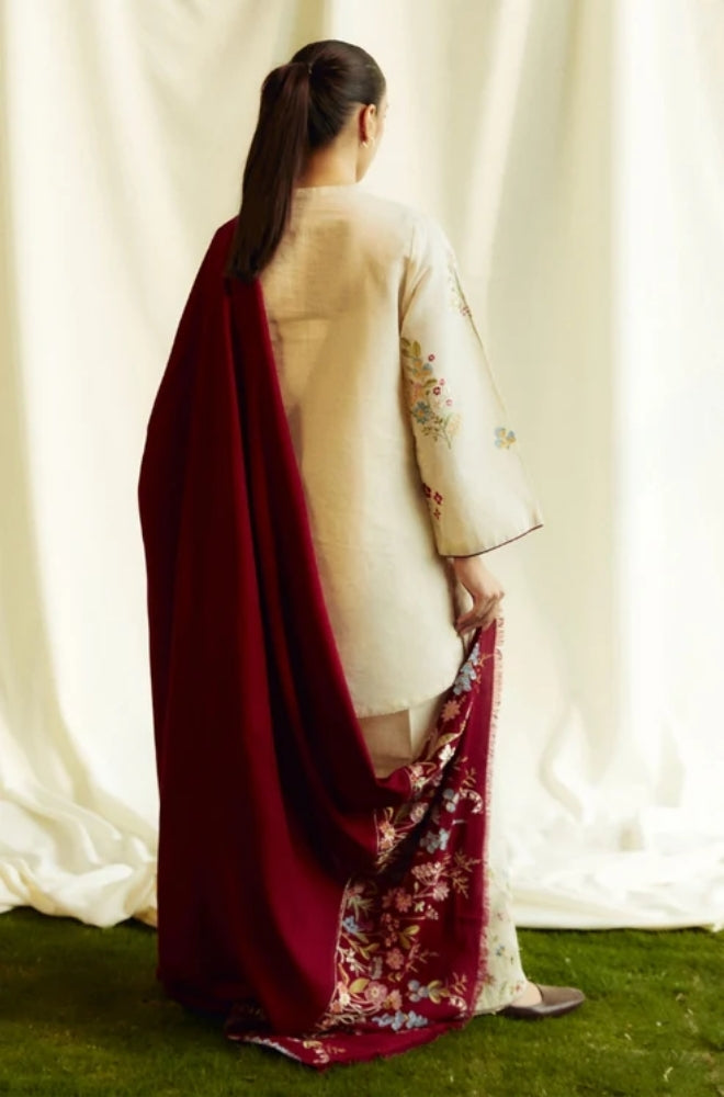 Zara Shah Jahan - 3PC Unstitched Dhanak Embroidered Shirt with Dhanak Embroidered Shawl and Embroidered Trouser- ES1049