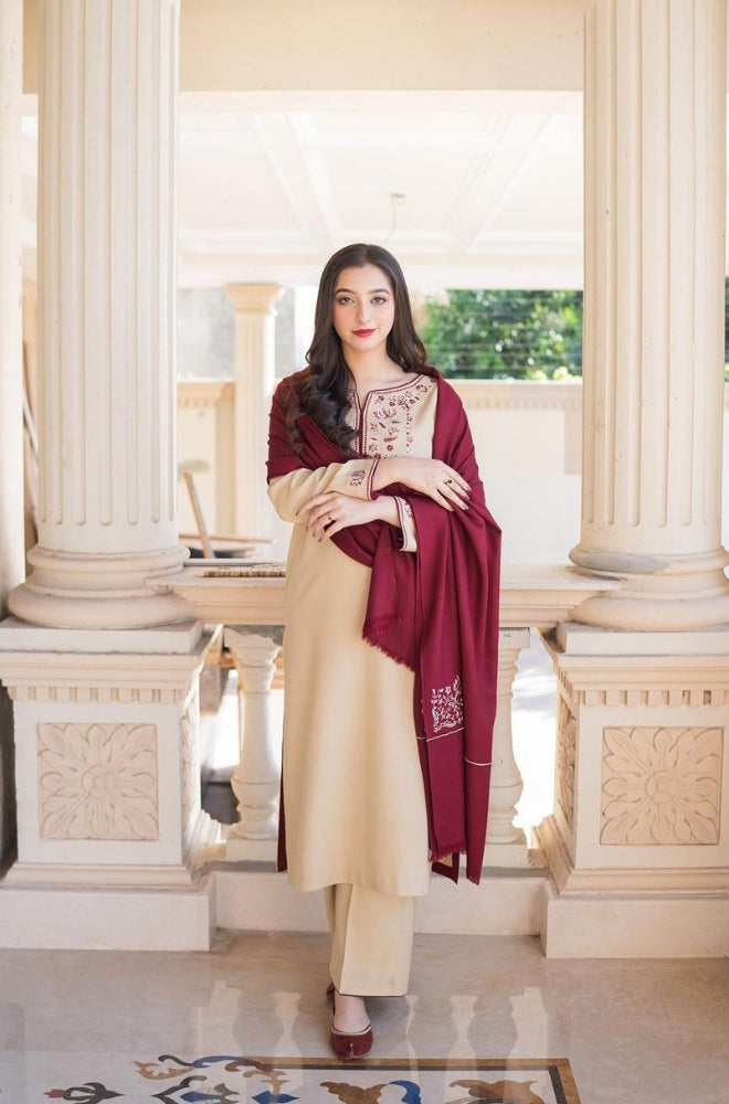 Aisling - 3PC Unstitched Dhanak Embroidered Shirt with Dhanak Embroidered Shawl and Trouser - ES1200