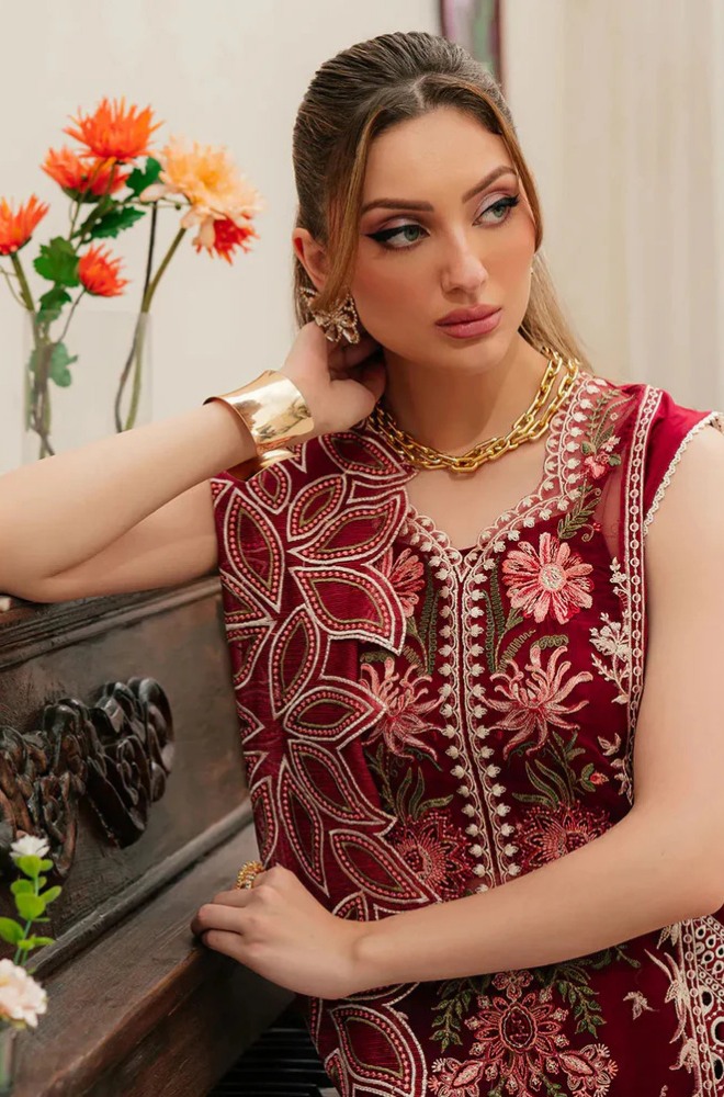 MAHNUR - 3PC Unstitched Lawn Embroidered Shirt with Embroidered Khadi Net Dupatta - ES 2160